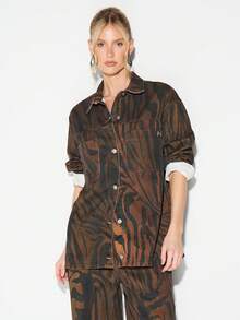 KIZN Oversized Denim Shirt With Wood Grain Pattern Long Sleeve Button Front Collared Brown Autumn Winter Casual Top - Multicolor - View 3