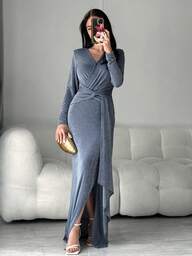 Modelyn Women's Solid Color Cross-Wrap Long Sleeve Cinched Waist Elegant Dress