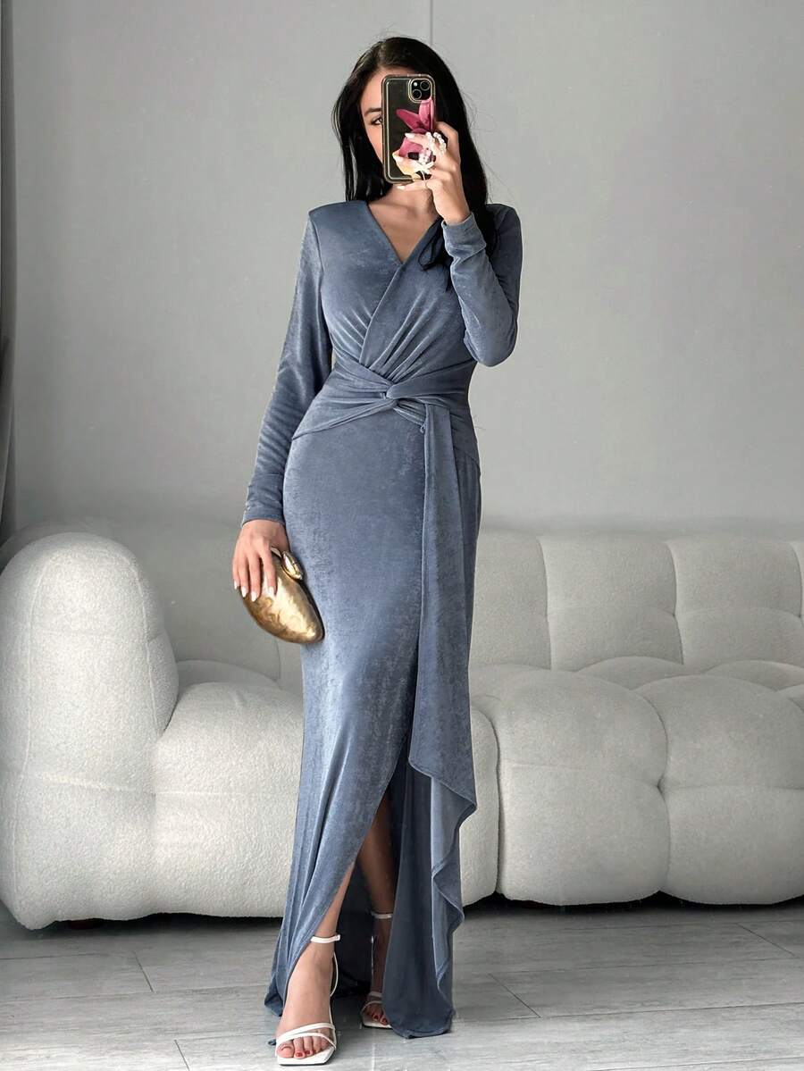 Modelyn 女士纯色交叉裹身长袖收腰优雅连衣裙 - 灰藍色 - 查看 1