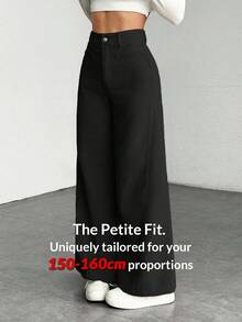 SHEIN PETITE Quần ống rộng màu trơn lưng thấp, thời trang cho mùa hè - màu đen - Xem 13