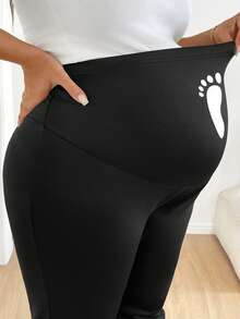 SHEIN 春季女装，加大码孕妇极简印花高腰打底裤，带脚印印花，高弹力打底裤