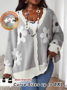 SHEIN CURVE+ Áo len cardigan dệt kim họa tiết hoa 3D cỡ lớn dành cho nữ, Bộ đồ mùa thu, Áo mùa thu, Áo len cardigan dệt kim mùa đông/Mùa thu/Mùa đông - Màu be - Xem 1