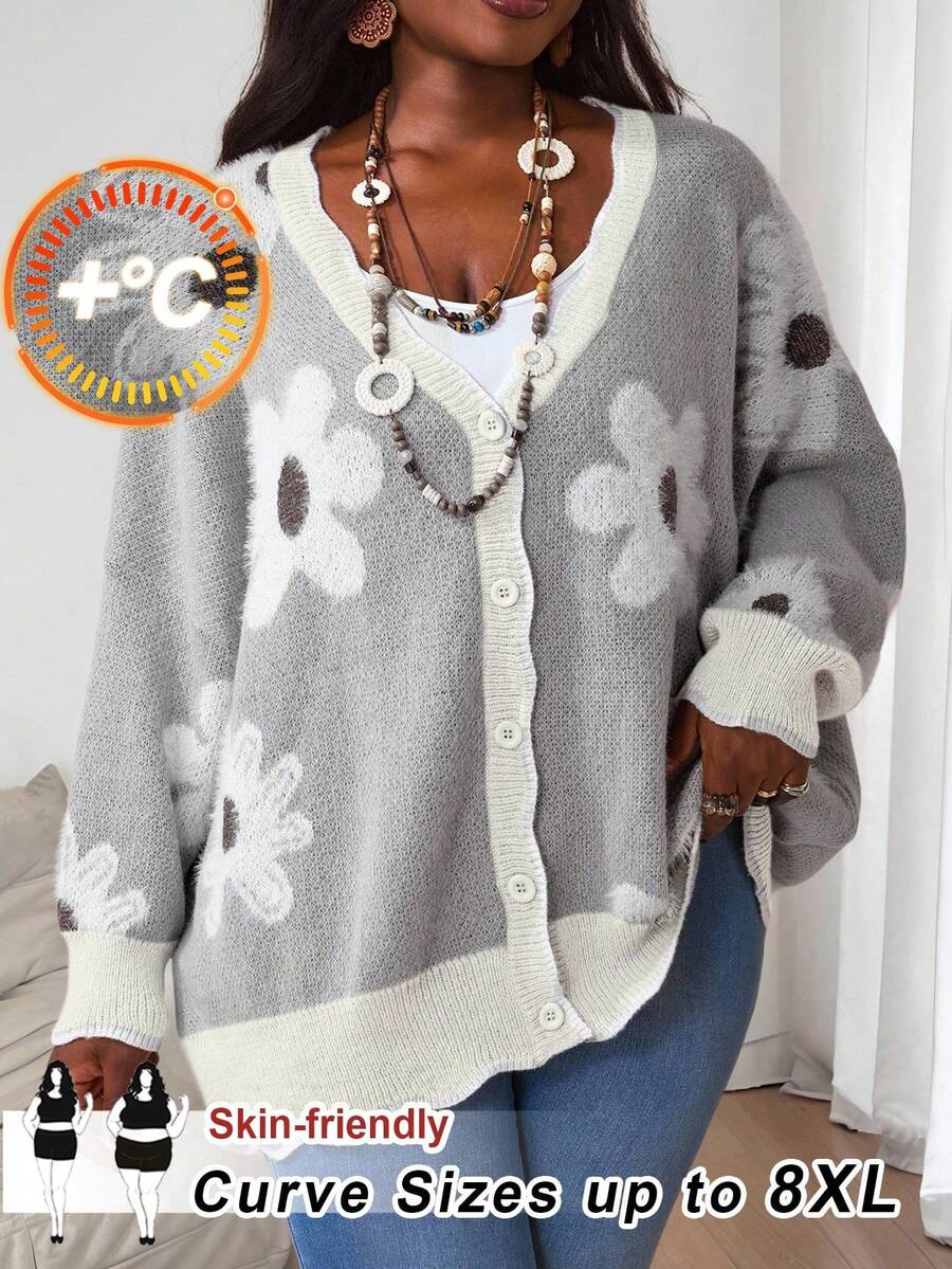SHEIN CURVE+ Áo len cardigan dệt kim họa tiết hoa 3D cỡ lớn dành cho nữ, Bộ đồ mùa thu, Áo mùa thu, Áo len cardigan dệt kim mùa đông/Mùa thu/Mùa đông - Màu be - Xem 1