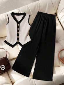 GlowEve CURVE Plus Size Women 2 Pieces Set, Sleeveless Top And Pants, Minimalist & Fashionable - Black and White - View 1