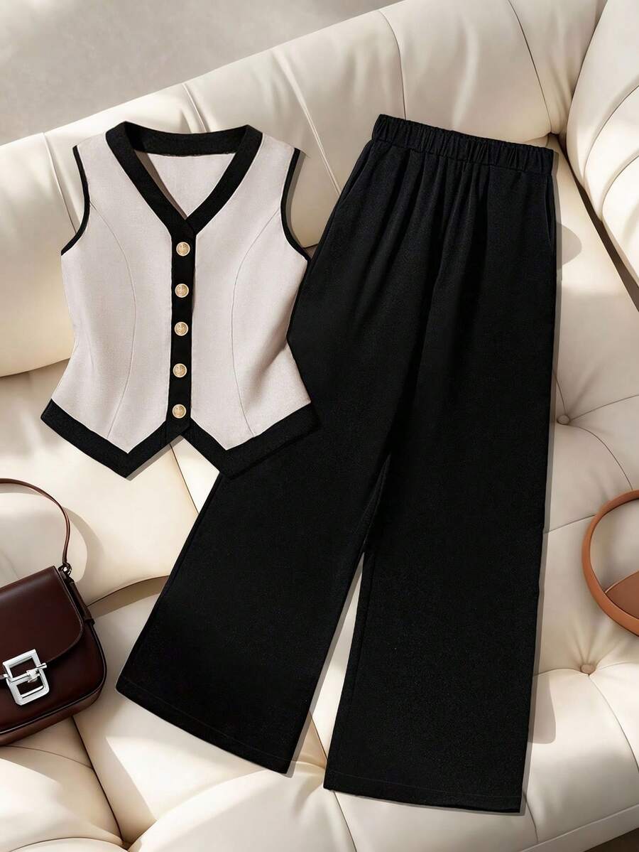 GlowEve CURVE Plus Size Women 2 Pieces Set, Sleeveless Top And Pants, Minimalist & Fashionable - Black and White - View 1
