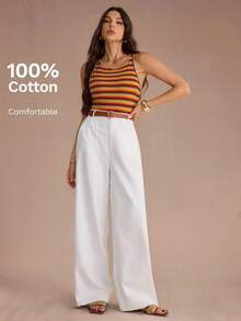 SHEIN Tall 高腰阔腿裤，带口袋，白色休闲女裤，100%纯棉