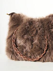SHEIN Luxurious Faux Fur Shoulder Bag With Braided Twisted Rope Handles And Zip Closure For Winter Fall Occasions - Brown - View 4