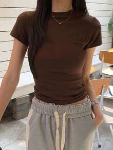 DAZY Dam höst/vinter rund halsad t-shirt med enkel linjedesign, figurnära och avslappnad passform - Brun - Visa 3