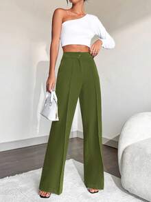 Women's Solid Color Seam Front Pocket Straight Leg Suit Pants - Army Green - View 5