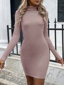 EURMUSE Vestido de punto ajustado de cuello alto de manga larga y unicolor para mujer, otoño/invierno - Albaricoque - Ver 3