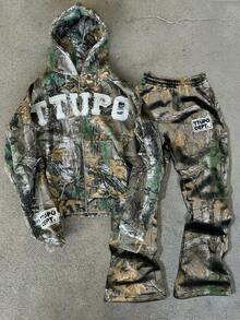 Glimmora Camo Zip-Up Hoodie And Pants Set, Streetwear Camouflage Tracksuit, Vintage American Street Dance Hooded Zip-Up Sweatshirt And Sweatpants, Casual Leaf Camo Zip-Up Hoodie Jacket And Pants, Y2K Streetwear Style, Zip-Up Hoodie Set, American Gothic Rock, Streetwear, Versatile Use - Multicolor - View 2