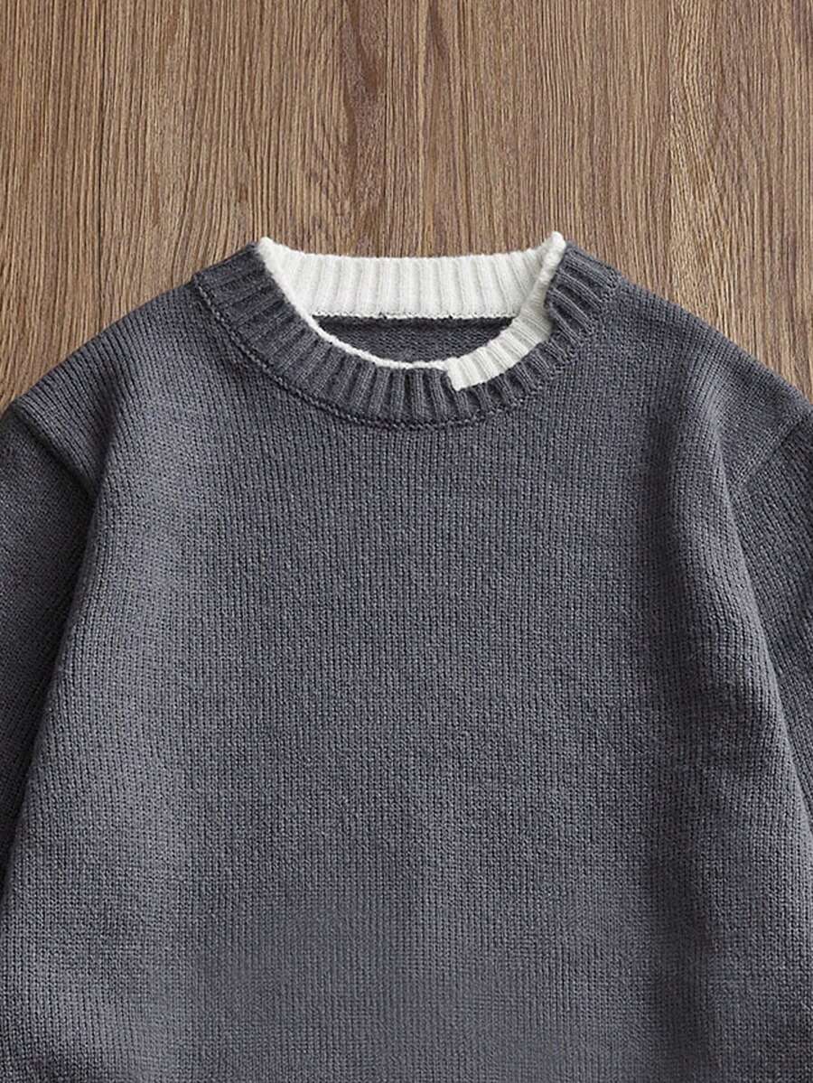 SWAVVY 男士时尚圆领长袖休闲宽松针织衫，秋冬款 - 淺灰色 - 查看 1