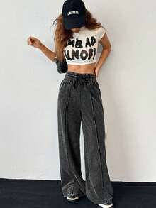 SHEIN 少女休闲做旧水洗黑灰色高腰阔腿运动裤