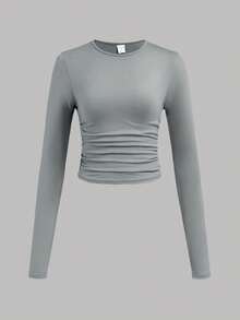 SHEIN Girlism 3pcs/Set Teen Girl Solid Color Crew Neck Ruched Long Sleeve T-Shirts - Blue - View 8