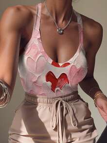 Rovax Women's Heart Print Sexy Camisole Bodysuit