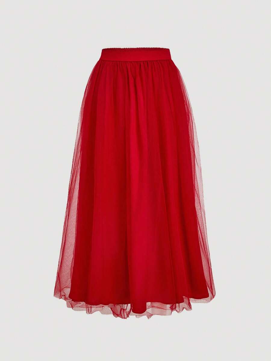 SHEIN MOD Falda De Malla De Color Sólido - Rojo - Ver 1