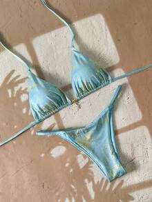 Swim Vcay 2026 Spring/Summer Blue & Gold Metallic Spaghetti Strap Backless Side High Cut 2pcs Bikini Set Turquoise Bikini Aqua Bikini - Blue - View 3