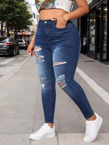 大码牛仔裤 - 藍色 - 查看 4