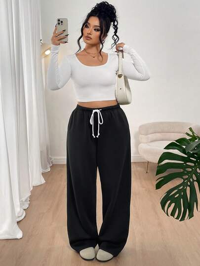 SHEIN Tall CURVE Pantalones casuales clásicos negros holgados y de talla grande para mujer, otoño/invierno