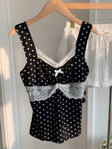 SHEIN EZwear 女士波点撞色蕾丝蝴蝶装饰设计时尚针织吊带衫 - 黑色 - 查看 5