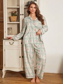 Serenescape Plus Size Women Vintage Allover Print Long Sleeve Top And Pants Pajama Set Sleep Wear Women 2 Pieces Set Pajamas Set, Winter Clothes - Mint Green - View 5