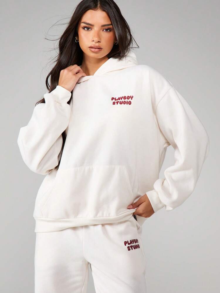 Missguided x Playboy Oversized Graphic Hoodie With Centre Pocket And Hood Drawstring Print Back Design Long Sleeve Pullover Sweatshirt For Fall Winter Casual Wear