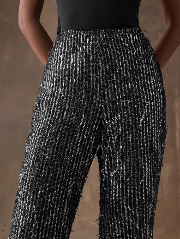 SHEIN BAE 女性用 無地 ワイドレッグ ルーズ フリンジ付きスパンコールパンツ、ブラック ルーズカジュアルパンツ コンサート、パーティー、春/冬に適しています、Sサイズ、ブラック パーティーカジュアルファッション ベーシック パーティー女性用衣料品、ミュージックフェスティバル、女性のダンスパーティー、クリスマス、新年、バレンタインデー、年末年始 光沢パンツ、女性用ボトムス - ブラック - 見る 7