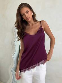 Aloruh Women's Solid Color Spaghetti Strap Loose Lace Trim Fashionable Summer Camisole Burgundy Top Deep Purple Satin Top With Lace Trim, Sexy And Feminine, Perfect For A Romantic Date Or New Year's Eve Party Burgundy Tops,Tank Top - Purple - View 2