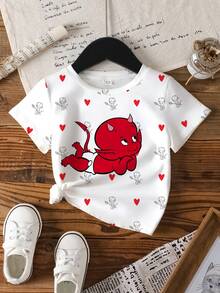 SHEIN HOT STUFF Young Girl Summer Casual Heart & Devil Pattern Round Neck Short Sleeve T-Shirt - White - View 7