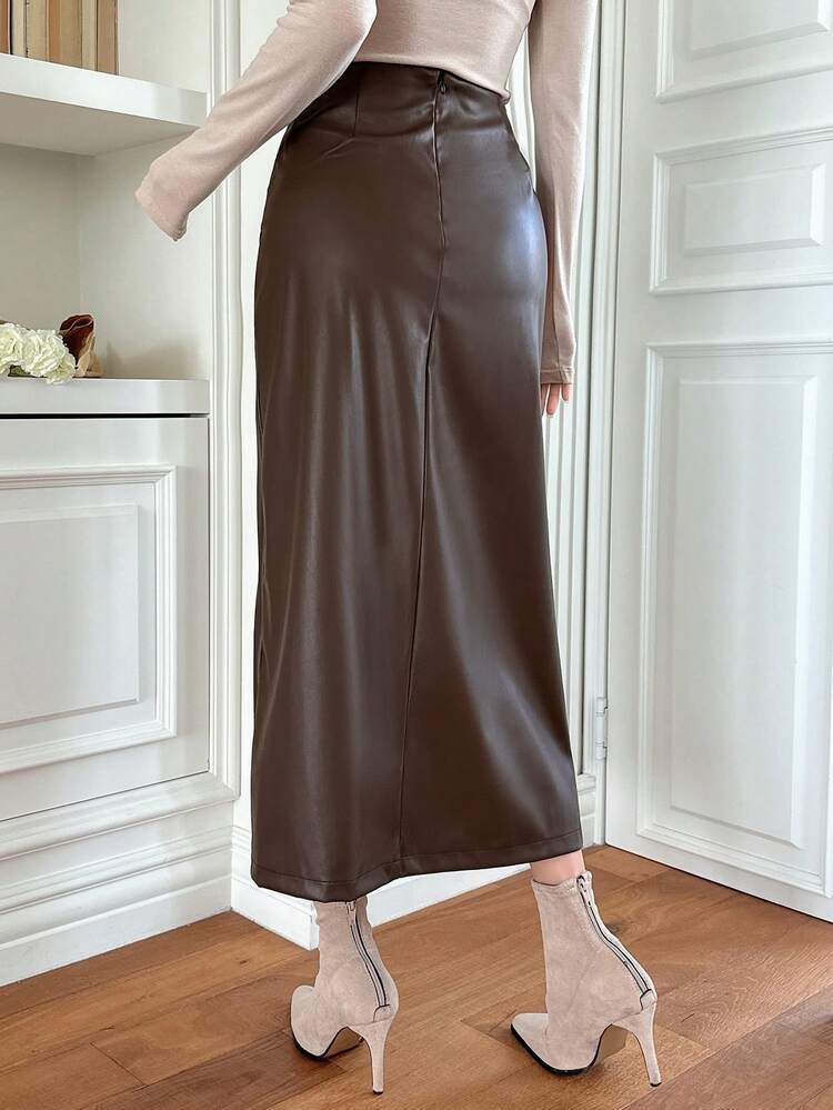 DAZY Falda minimalista de unicolor con diseño asimétrico para mujer, faldas de cuero para uso diario - Café integral - Añade 5