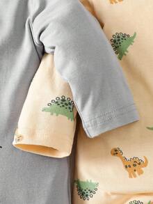 Newborn Baby Cotton Pajamas-3 Piece Pajama New Born 2026 Footed Sleepsuit Set Dinosaur Car Print Long Sleeve Round Neck Snap Closure Full Length Footed Pants One Piece Pajamas Pastel Gray Peach Olive Four Seasons Holiday 2026 Must Have Gift - Multicolor - View 5
