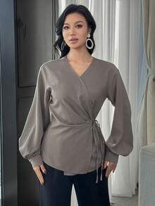 Modelyn 女士纯色V领长袖侧系腰休闲褶皱衬衫 - 灰色 - 查看 6