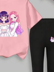 Sparklyn 2pcs/Set KPOP Graphic Print Top, Tween Girl Crew Neck Sweatshirt And Leggings Set, Fashionable Casual, Suitable For Autumn/Winter - Multicolor - View 4