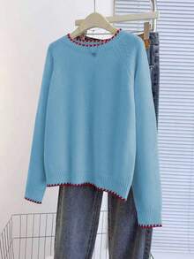 Franclia Casual Loose Fit Round Neck Long Sleeve Knitted Contrast Trim Raglan Sleeve Apricot Women Pullover Sweater, Spring/Autumn - Baby Blue - View 3