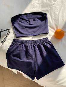 Comfortcana Bộ 2 món/Bộ áo crop top xanh navy đơn giản và quần short cho nữ mùa hè - Màu xanh hải quân - Xem 2