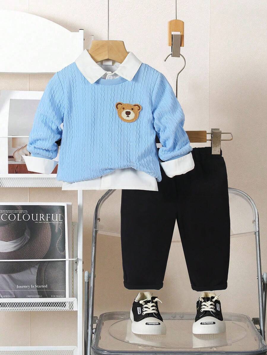 SHEIN 2pcs/Set Boys' Outfit, Textured Blue Knit Crew Neck Sweater With Small Bear Head Graphic On Left Chest, Paired With Black Pants, Suitable For Commute, School, Casual Daily Wear, Spring/Summer - Blue - View 1