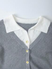 Franclia New Fashionable Polo Collar 2 In 1 Pullover Sweater For Women, Autumn - Grey - View 5