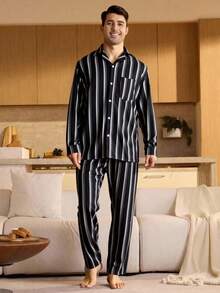 Velminro Men's Comfortable Striped Front Button Long Sleeve Top And Pants Pajama Set, Autumn Men 2 Piece Set Cotton Men Pajama Set - Black and White - View 6