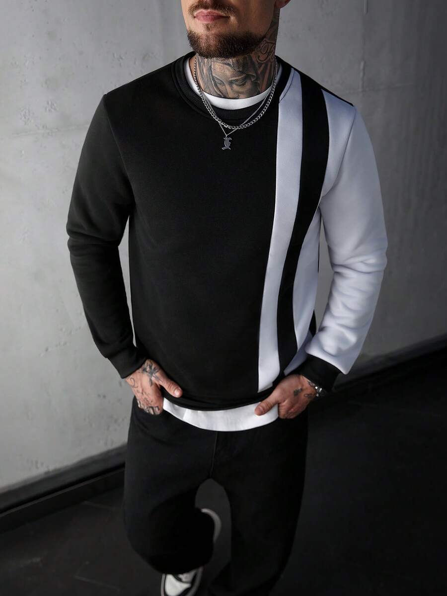 SLATEMANN Men Color Block Sweatshirt Going Out Crew Neck Long Sleeve Casual Sweatshirt, For Friends, Husband, Boyfriend Gifts , Fall - Black and White - View 1