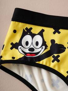 Felix The Cat X SHEIN 2pcs Women Cute Cartoon Letter Graphic Contrast Binding Comfortable Briefs - Black and White - View 3