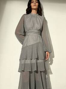 Aveloria Modichic Romantic French Style Layered Hem Polka Dot Dress With High Collar And Flowy Long Sleeves - Multicolor - View 5