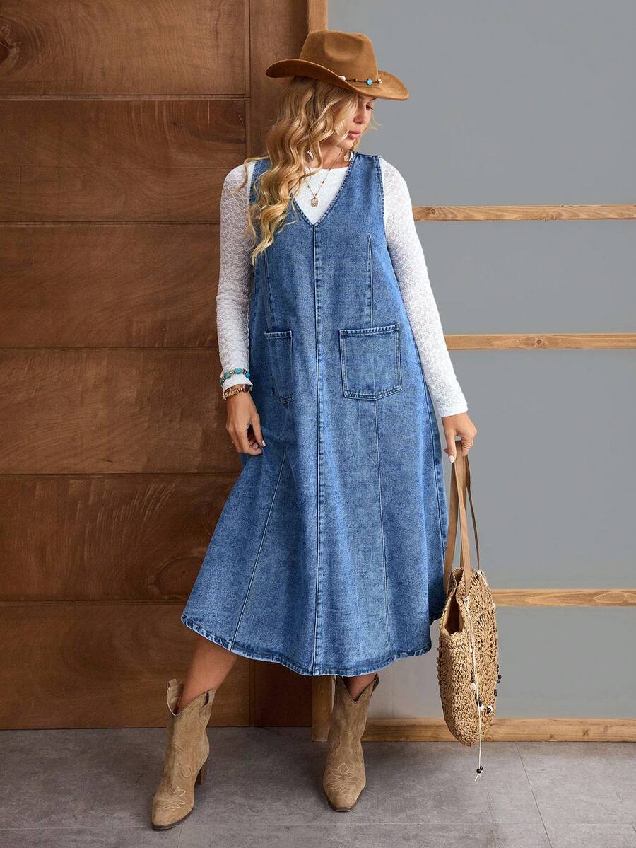 EMERY ROSE Váy liền quần denim thiết kế túi rộng thoải mái cho nữ, mùa thu - Màu xanh lam - Xem 1
