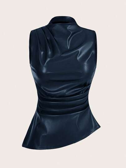 SHEIN Essnce Parte superior sin mangas de moda casual para mujer, de unicolor, con cuello plisado de PU, para salir en primavera y otoño
