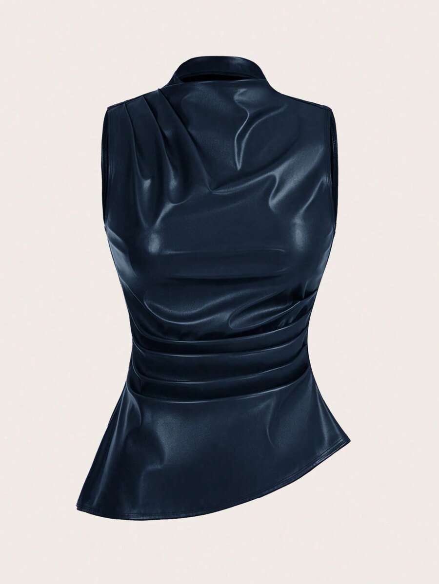 SHEIN Essnce Thời trang thường ngày thập niên 90 cho nữ, chụp ảnh đường phố, xuân thu, màu trơn, cổ xếp ly, áo ba lỗ PU, áo không tay, áo đi chơi, áo nữ mùa thu - Màu xanh hải quân - Xem 1