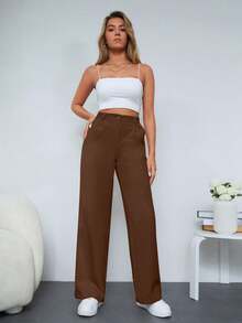 RueChic Solid Color Straight Leg Women's Suit Pants - Brown - View 4