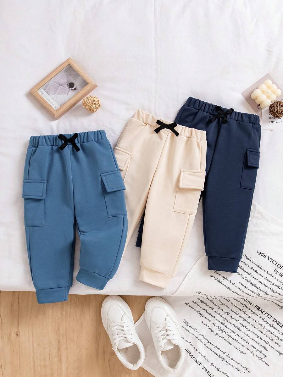SHEIN Playful Pals 3件套男婴基础款工装裤,带大口袋,适合日常外出穿着 - 彩色 - 查看 1