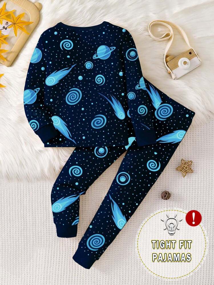 1 Conjunto de Pijamas Justos com Estampa de Astronauta e Estrela que Brilham no Escuro para Meninos, Top de Manga Longa e Calça, Primavera/Outono - Azul Royal - Visão 2