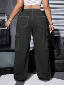 Plus Size Women Loose Fit Elastic Waist Washed Denim Cargo Pants - Dark Grey - View 2