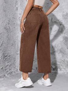 SHEIN PETITE Quần Jeans Nữ Dáng Rộng Thường Ngày Có Túi Và Nút - Cà phê nâu - Xem 2