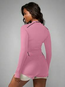 Missguided x Playboy Long Sleeve Zip Through Top With Black Contrast Piping And Bunny Logo - Pink - View 2